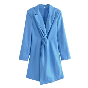 2022 Autumn New Design Asymmetrical Slim Waist Blue Blazer Dress