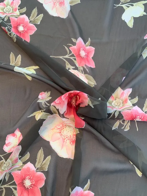 Airy Floral Printed Silk Chiffon Panel - Brown / Olive / Strawberry Red