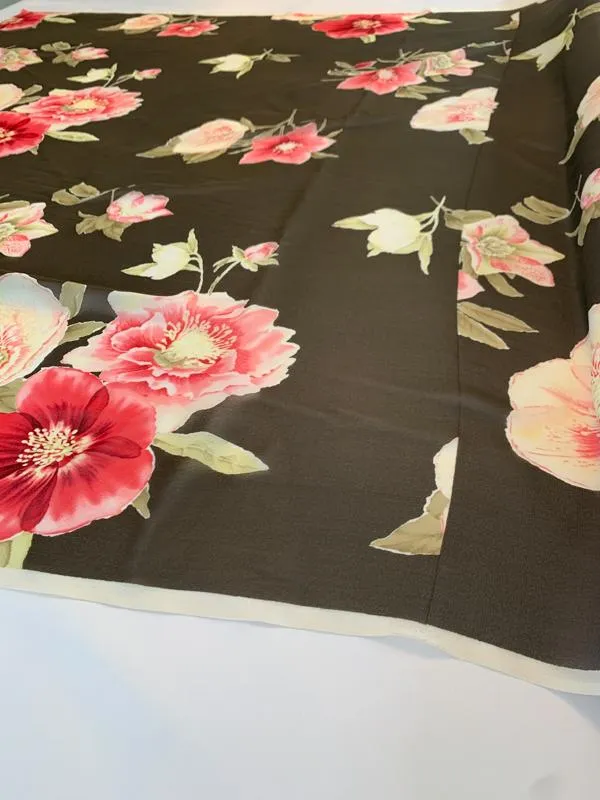 Airy Floral Printed Silk Chiffon Panel - Brown / Olive / Strawberry Red