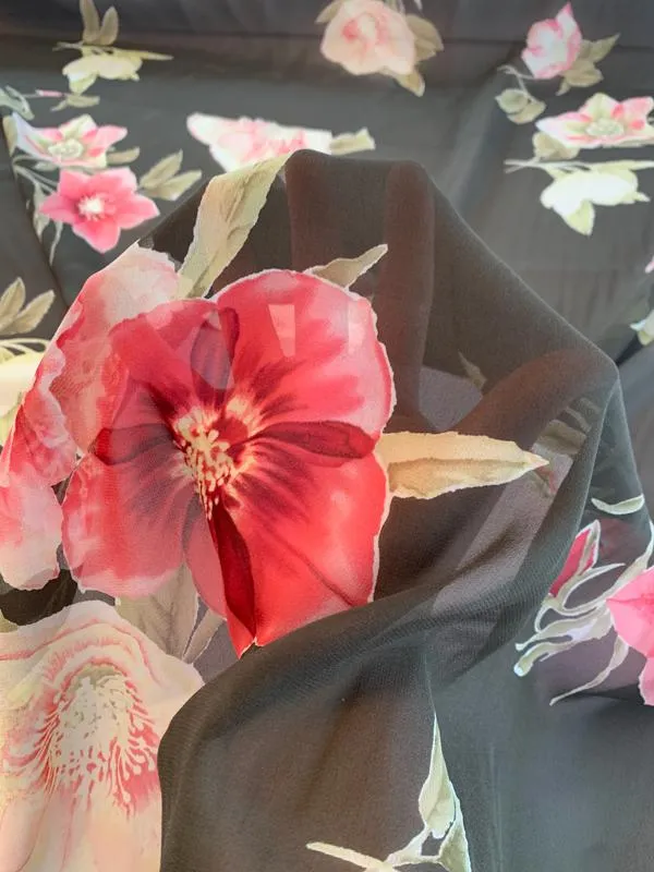 Airy Floral Printed Silk Chiffon Panel - Brown / Olive / Strawberry Red