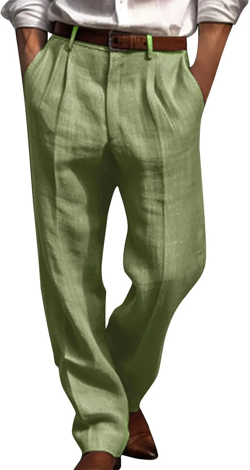 Aymnlox Mens Dress Pants Pleated Front Casual Twill Pants Casual Vintage Straight Fit Wide Leg Loose Trousers with Pockets