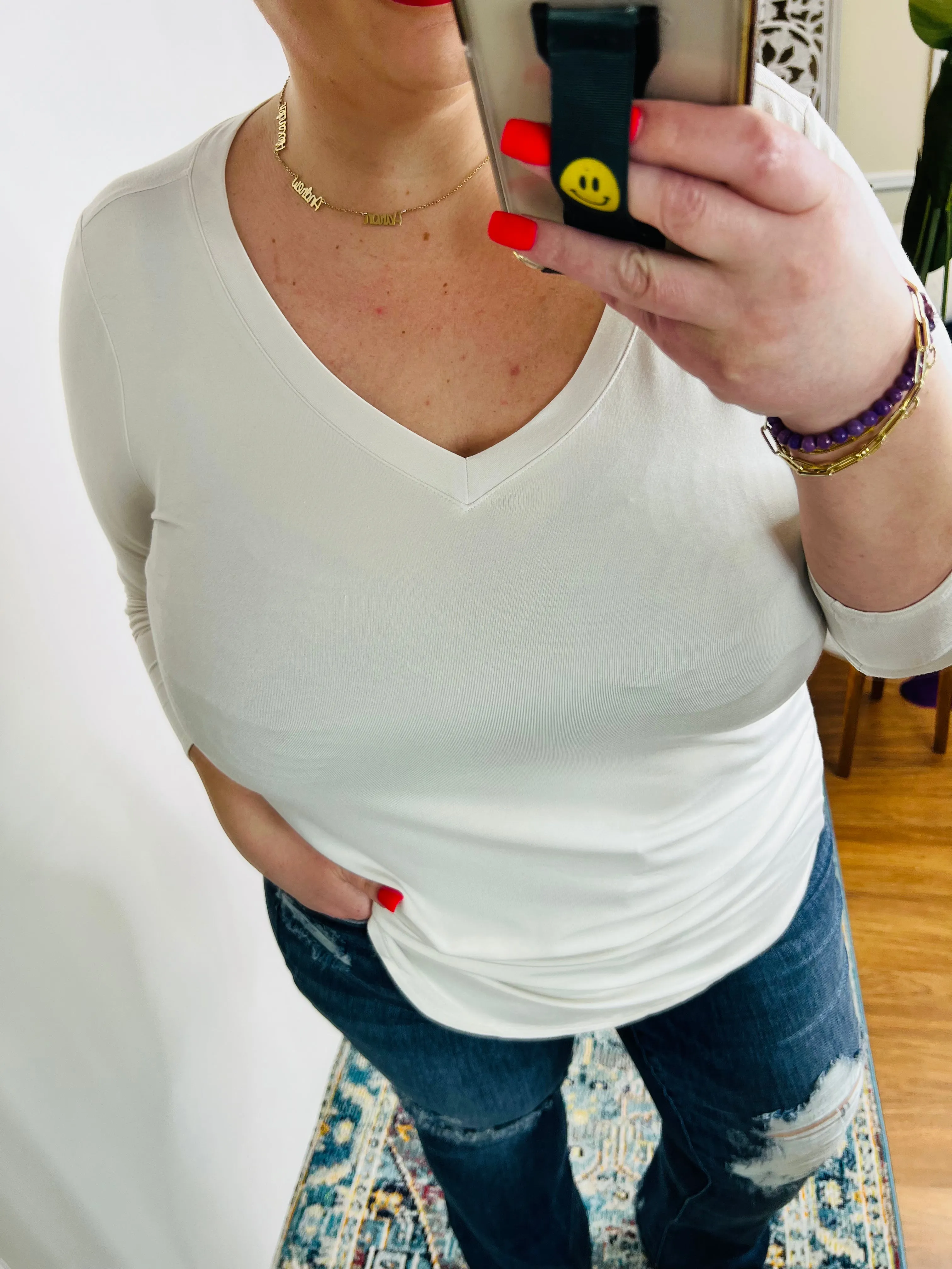 Basics Are Best Long Sleeve V-Neck Top in Bone