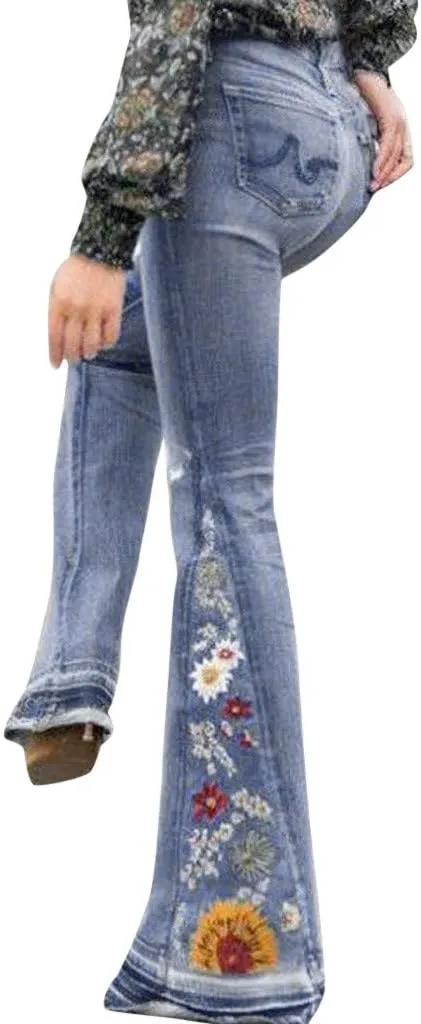 Bell Bottom Jeans High Waisted Stretch Flare Button Fly Wide Leg Jean Embroidery Bootcut Y2K Denim Pants light Blue 4X-Large