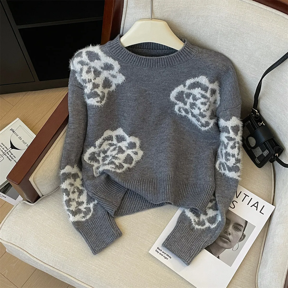Black Floral Jacquard Soft Sweater