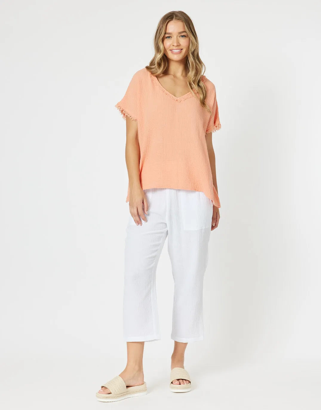 Byron Cotton V Neck Top - Papaya