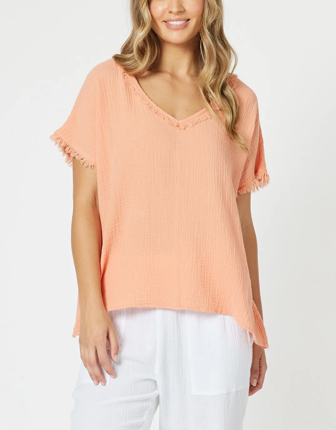 Byron Cotton V Neck Top - Papaya