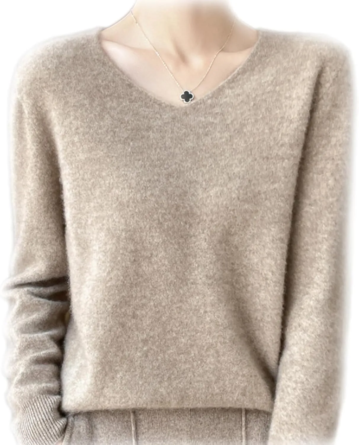 Cashmere Sweaters for Women, 100% Cashmere V Neck Long Sleeve Soft Pullover Sweater Soft Warm Cozy Lightweight Wool Knit Sweater,M,Camel