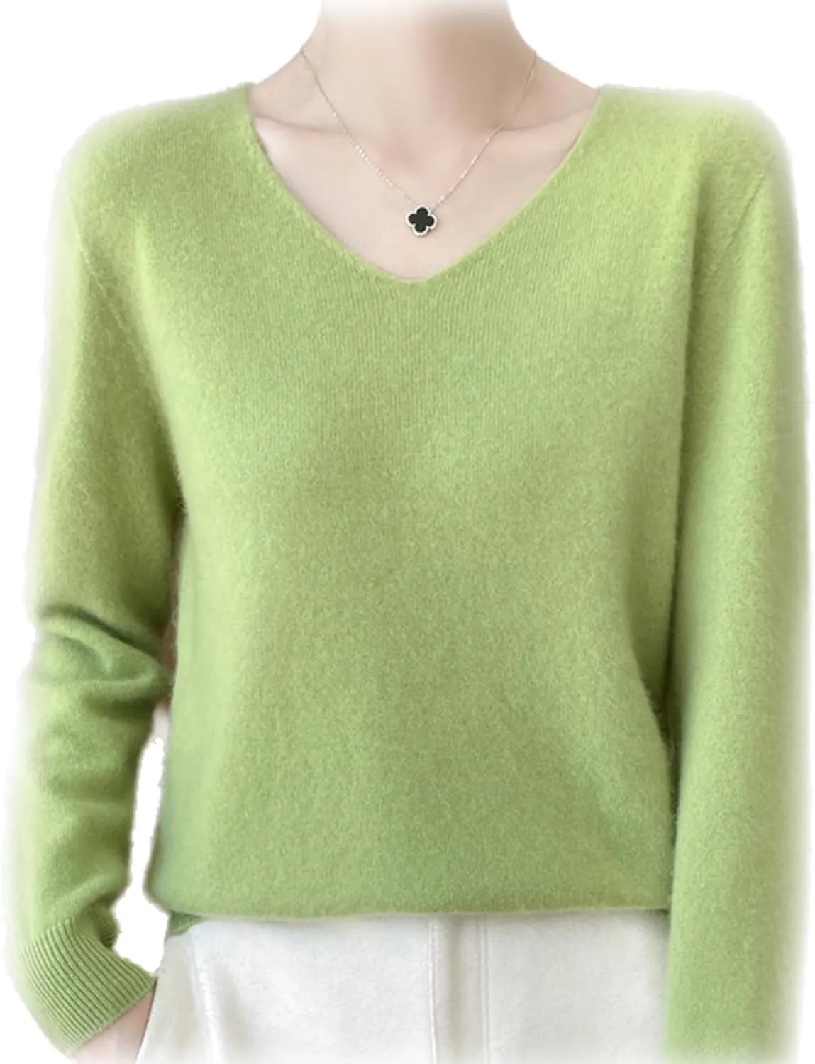 Cashmere Sweaters for Women, 100% Cashmere V Neck Long Sleeve Soft Pullover Sweater Soft Warm Cozy Lightweight Wool Knit Sweater,S,Green