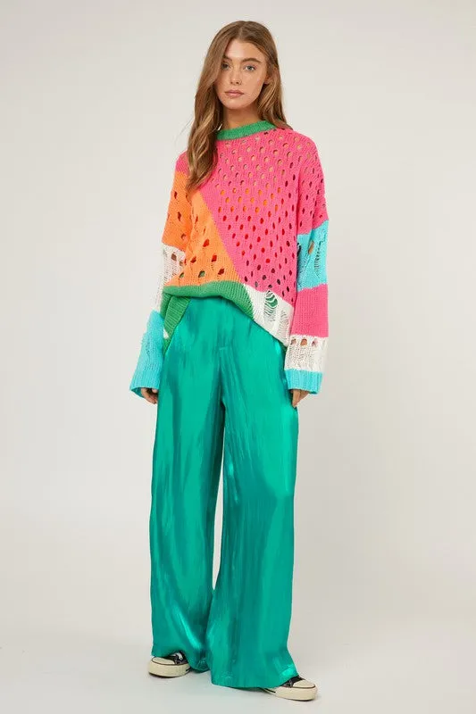 Colorful Open Knit Design Detailed Pullover Fashion Top Sweater