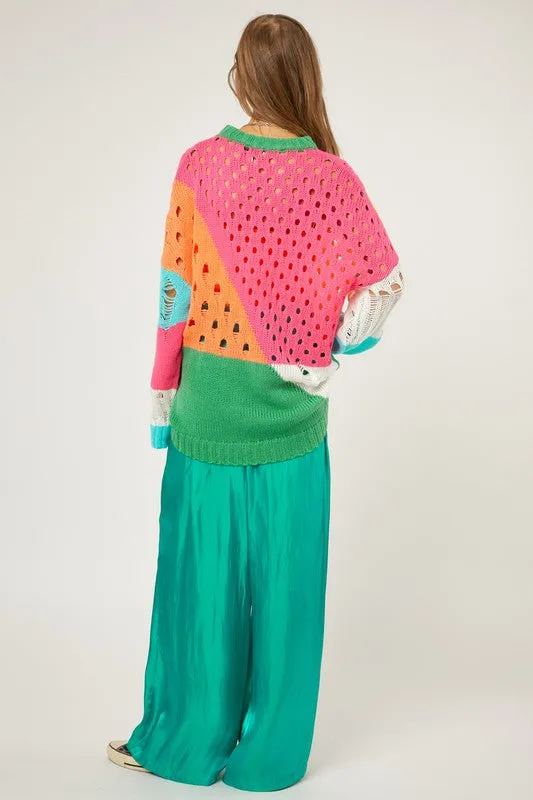 Colorful Open Knit Design Detailed Pullover Fashion Top Sweater