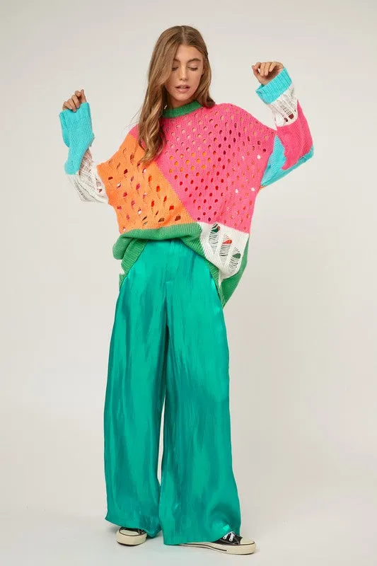 Colorful Open Knit Design Detailed Pullover Fashion Top Sweater