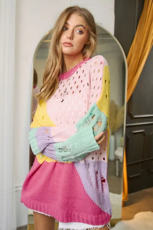 Colorful Open Knit Design Detailed Pullover Fashion Top Sweater