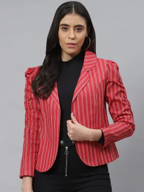 Cottinfab Women Red White Striped Open Front Jacket