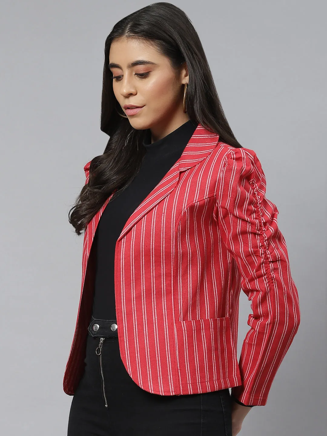 Cottinfab Women Red White Striped Open Front Jacket