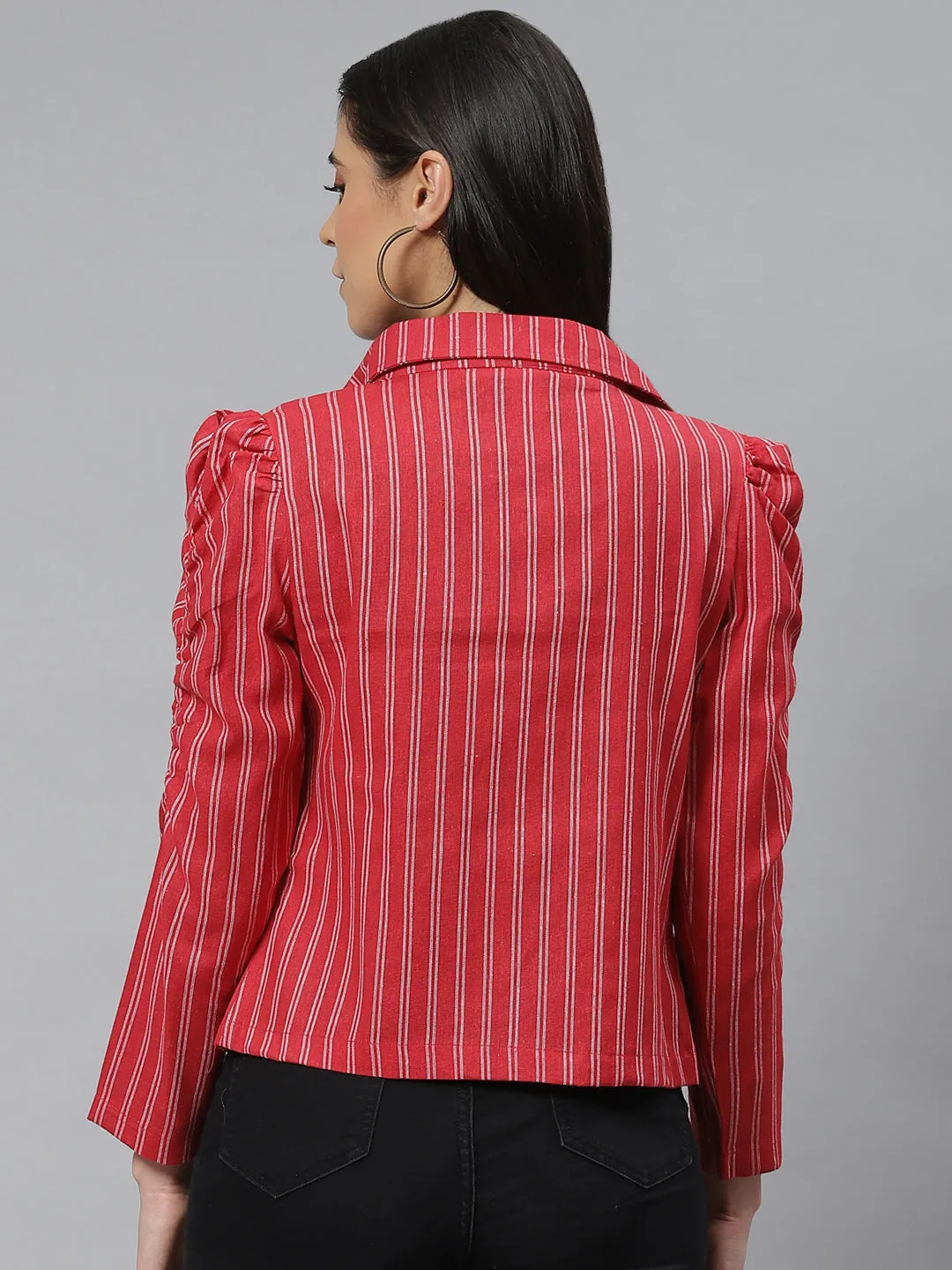 Cottinfab Women Red White Striped Open Front Jacket