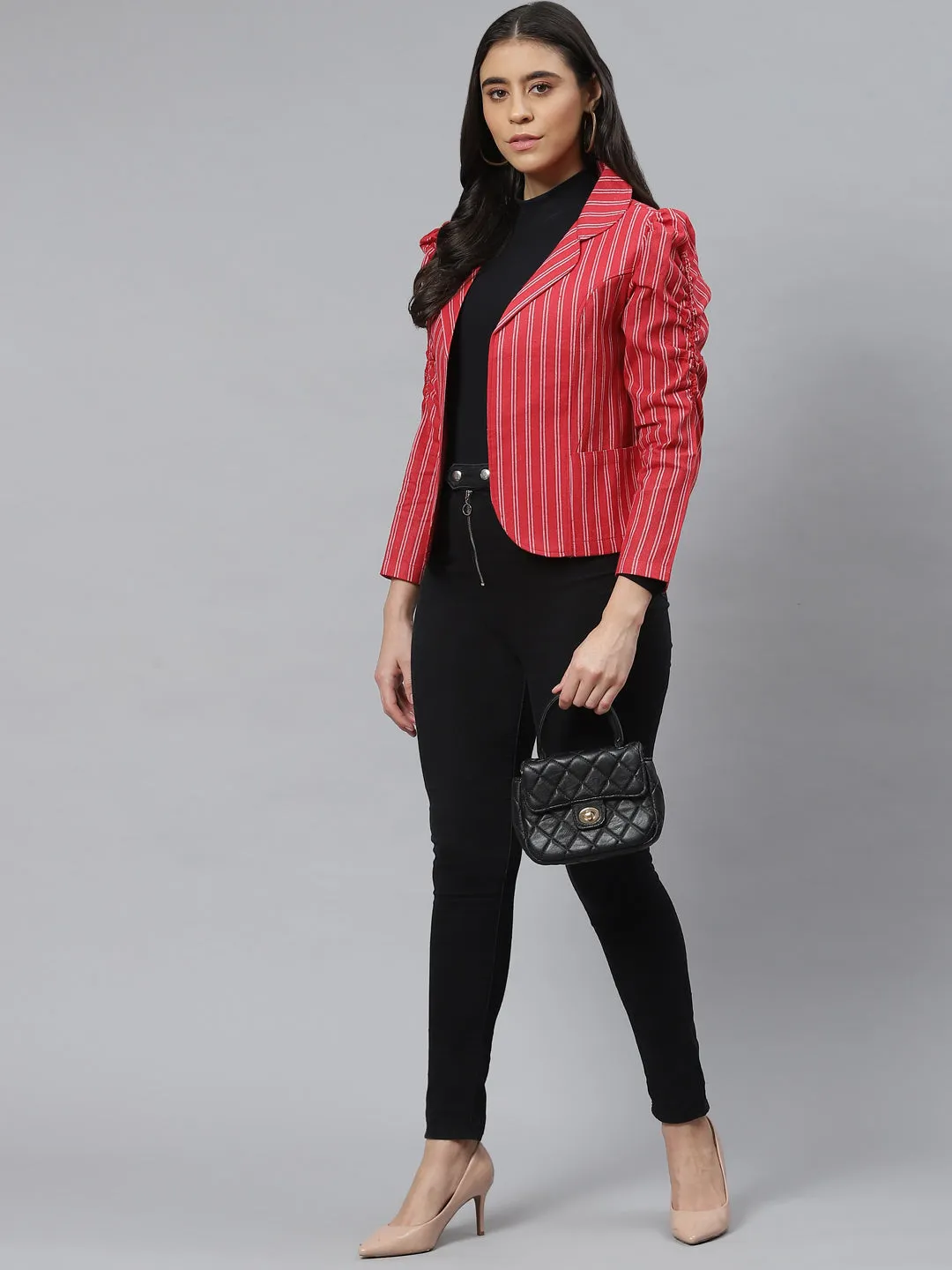 Cottinfab Women Red White Striped Open Front Jacket