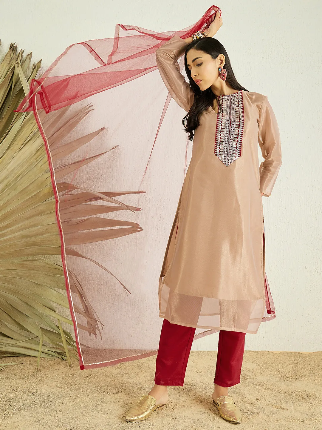 Cream Ethnic Motifs Yoke Design Sequined Kurta with Trousers & Dupatta