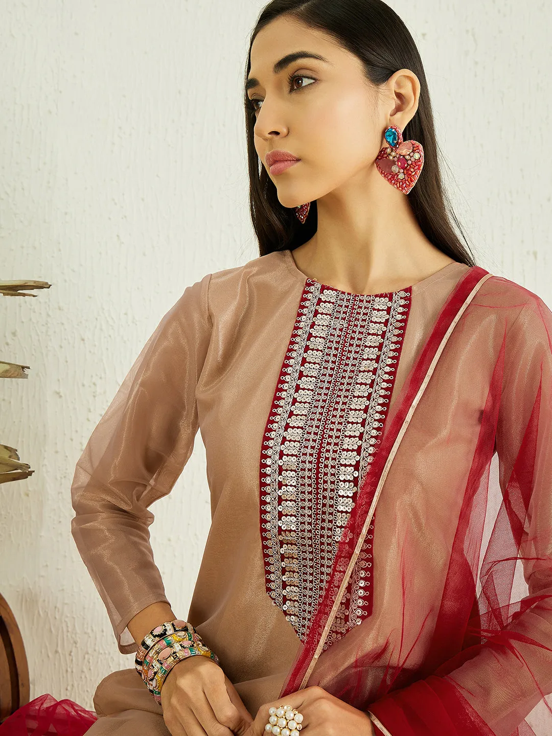 Cream Ethnic Motifs Yoke Design Sequined Kurta with Trousers & Dupatta
