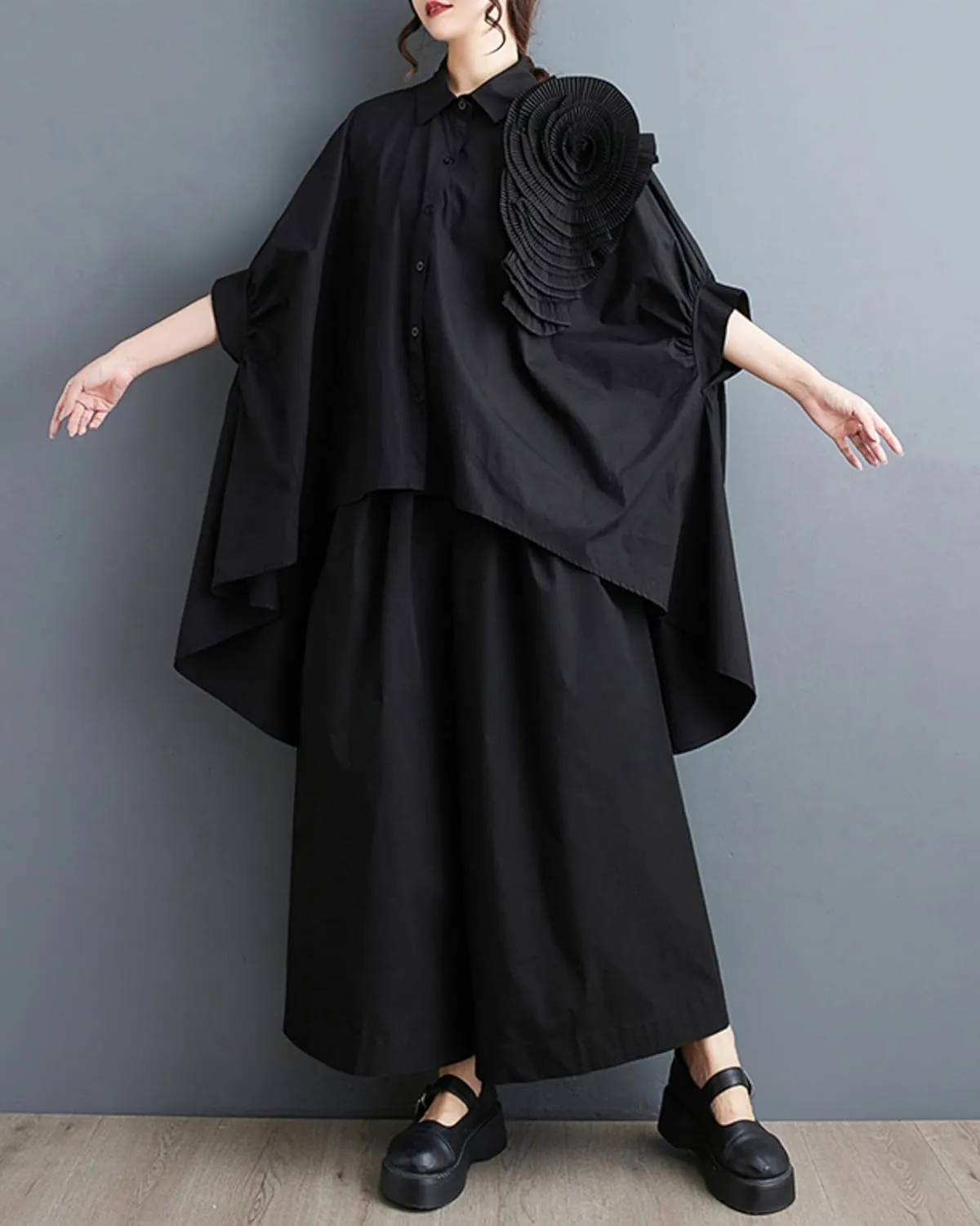ellazhu Women Half Batwing Sleeves Flower Solid Color Button Down High Low Shirt T-Shirt GZ188