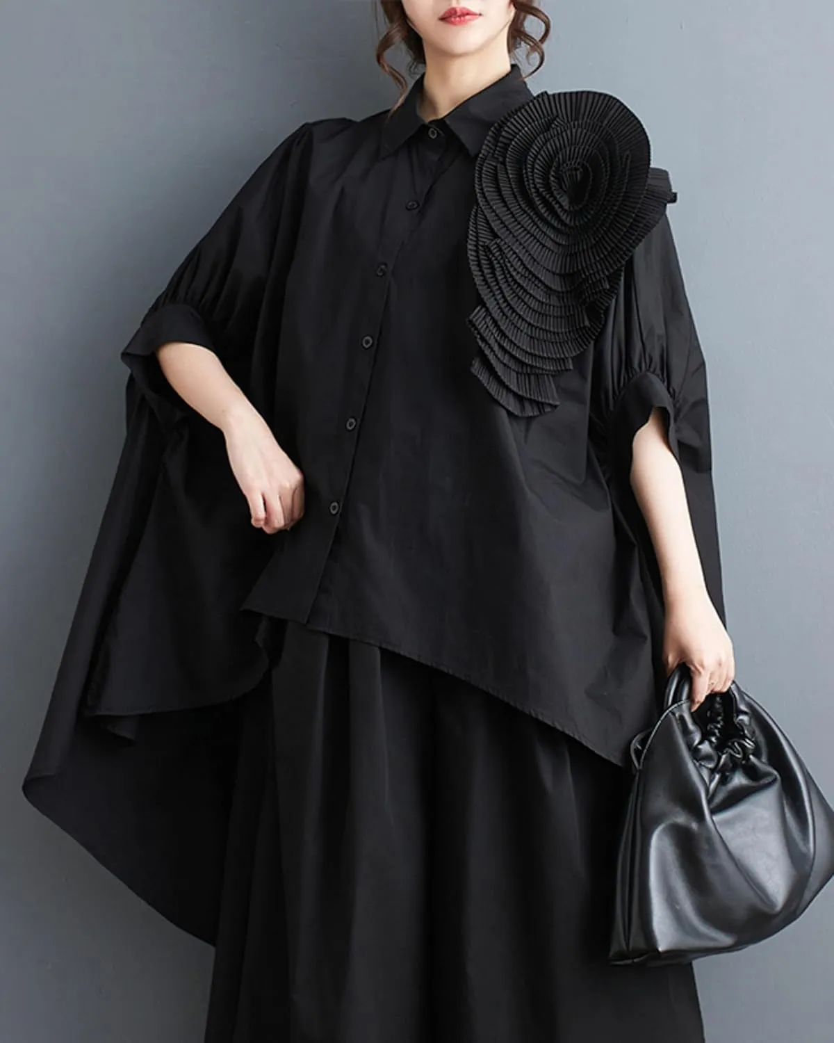 ellazhu Women Half Batwing Sleeves Flower Solid Color Button Down High Low Shirt T-Shirt GZ188