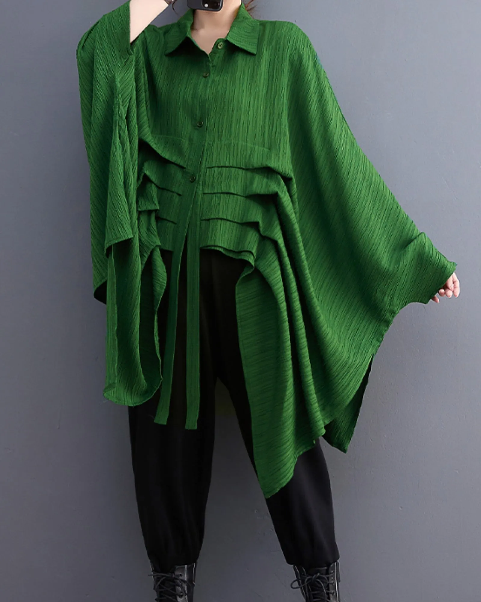 ellazhu Women's Long Batwing Sleeve Funky Inregular Hem High Low Button Down Shirt GZ127