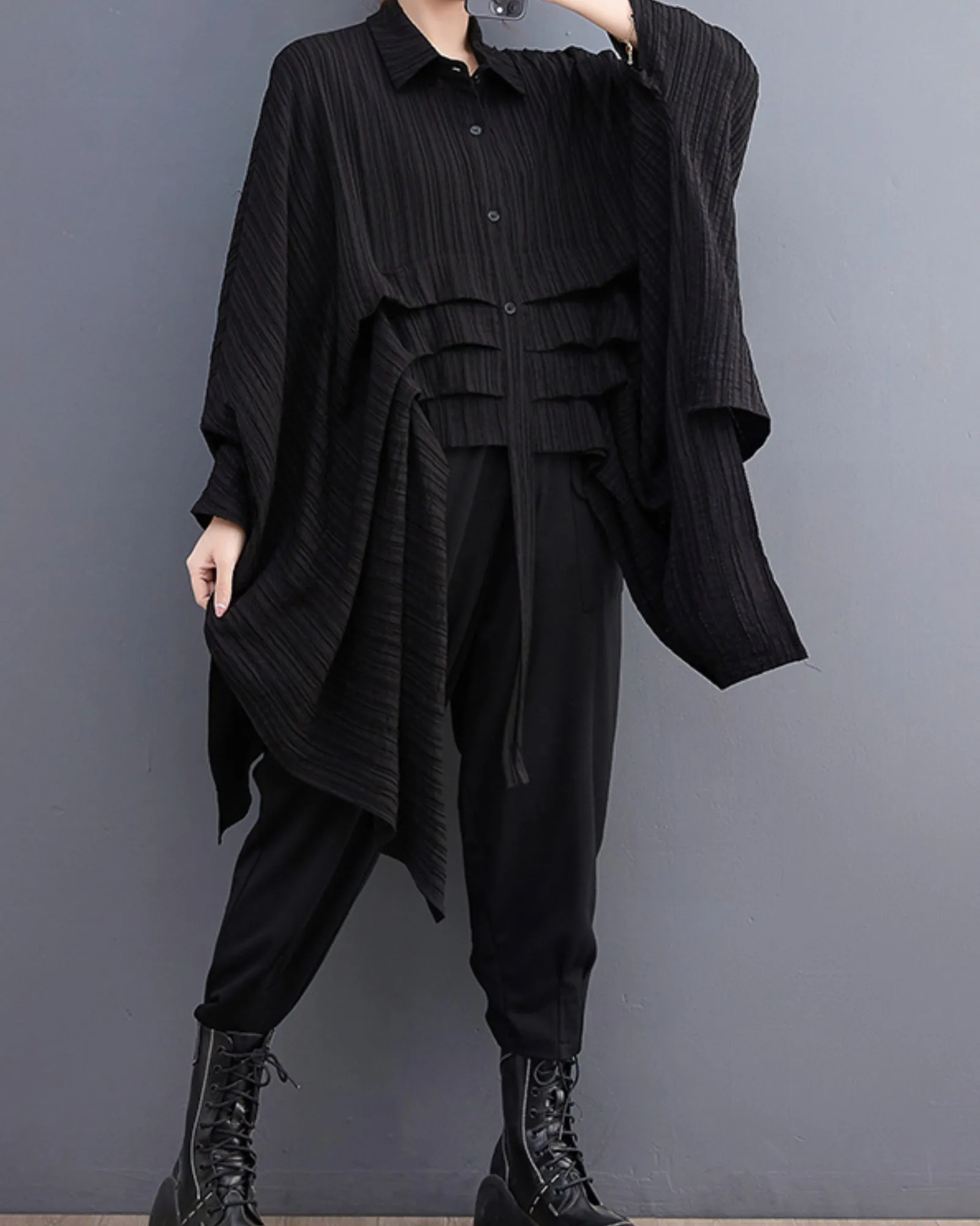 ellazhu Women's Long Batwing Sleeve Funky Inregular Hem High Low Button Down Shirt GZ127