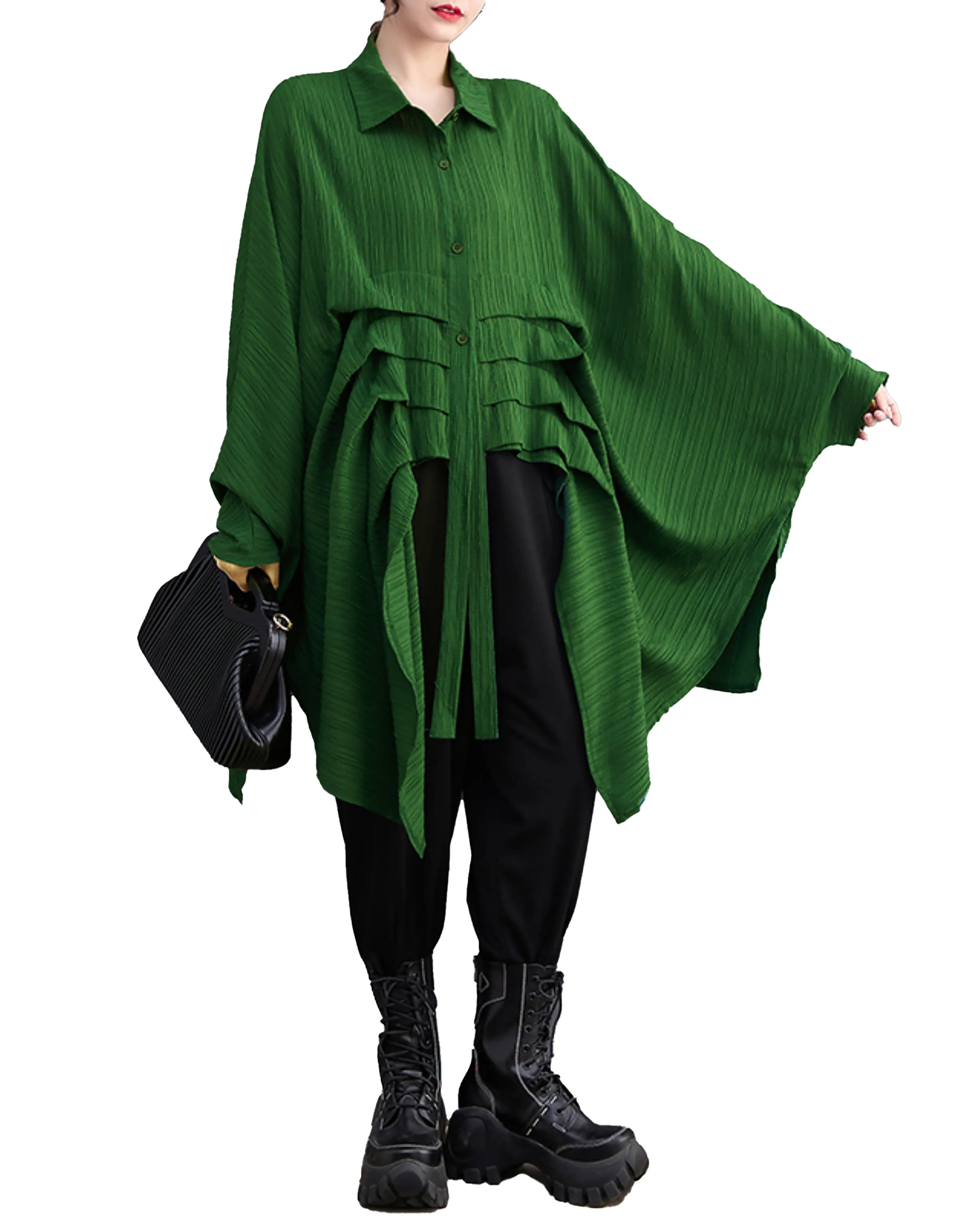 ellazhu Women's Long Batwing Sleeve Funky Inregular Hem High Low Button Down Shirt GZ127