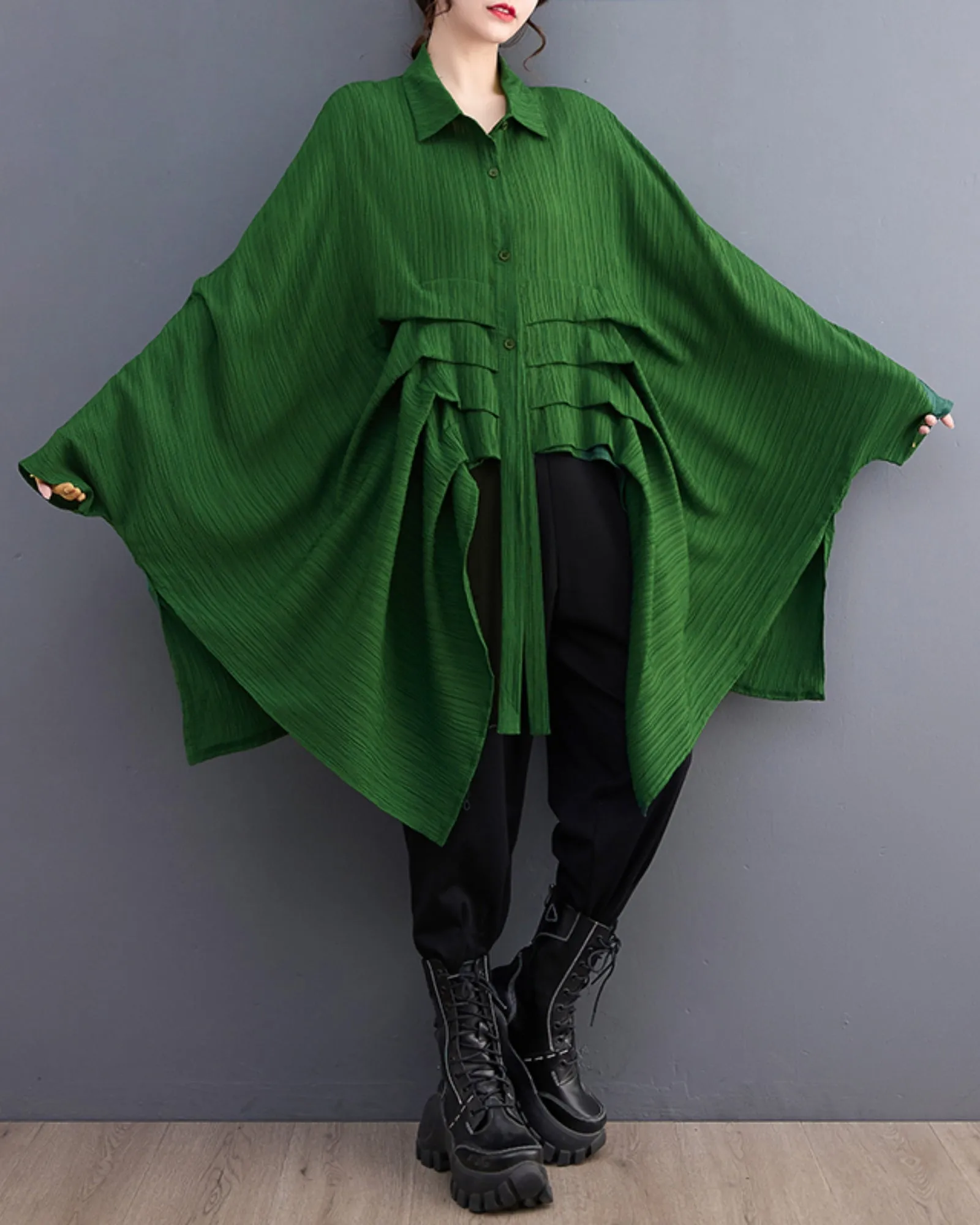 ellazhu Women's Long Batwing Sleeve Funky Inregular Hem High Low Button Down Shirt GZ127