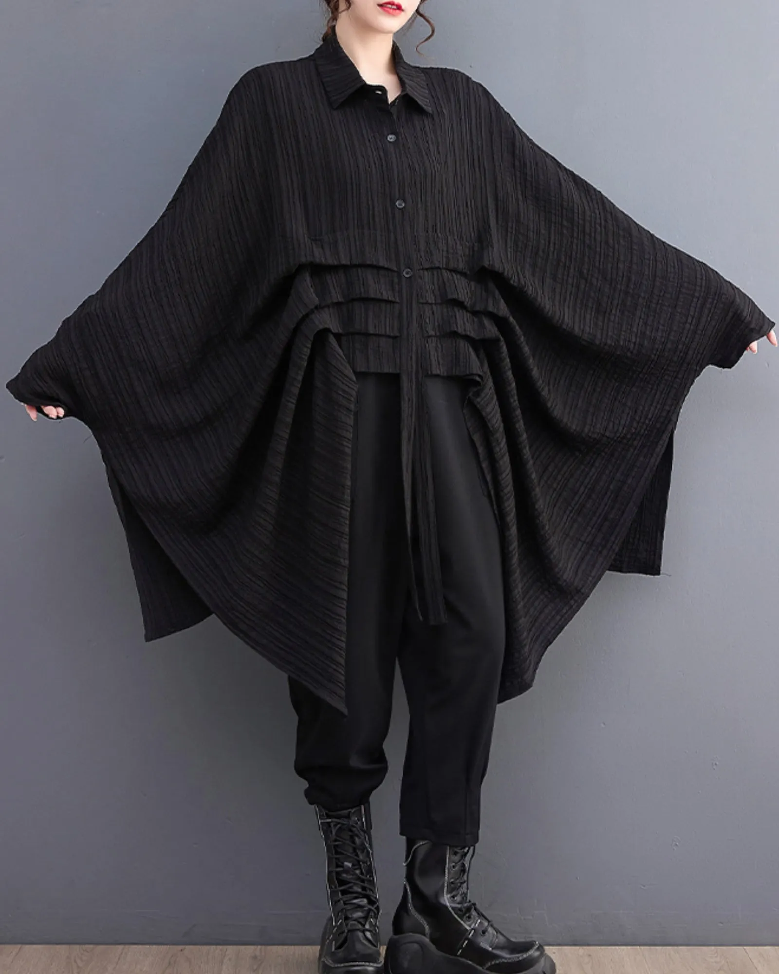 ellazhu Women's Long Batwing Sleeve Funky Inregular Hem High Low Button Down Shirt GZ127