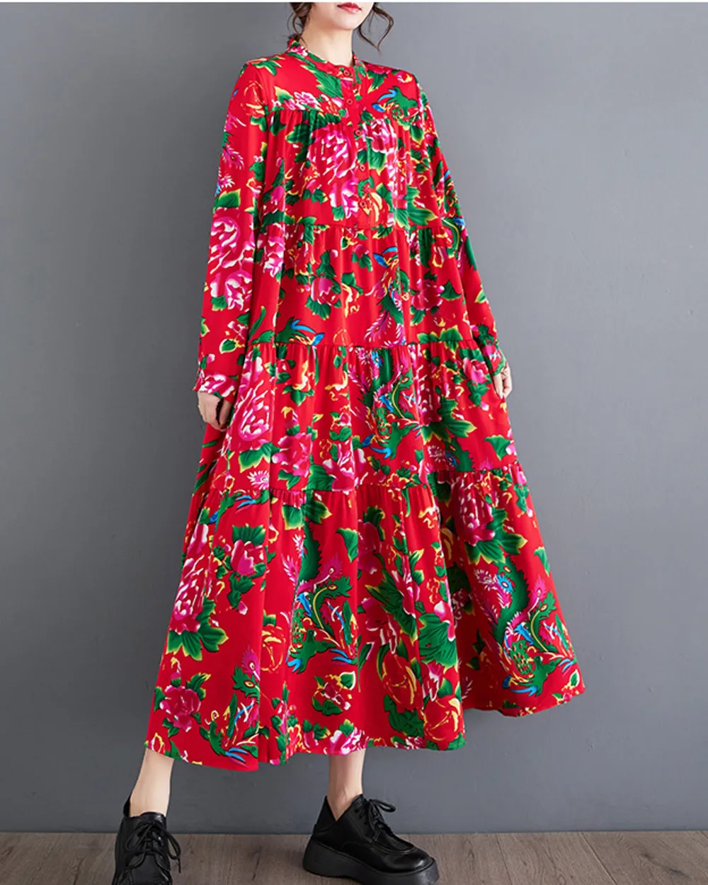 ellazhu Women's Long Sleeves Maxi Length Patchwork Floral Print Flowy Hem Dress GZ159