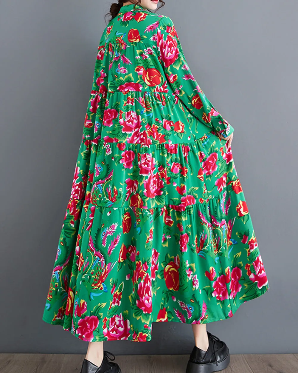 ellazhu Women's Long Sleeves Maxi Length Patchwork Floral Print Flowy Hem Dress GZ159