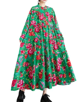 ellazhu Women's Long Sleeves Maxi Length Patchwork Floral Print Flowy Hem Dress GZ159