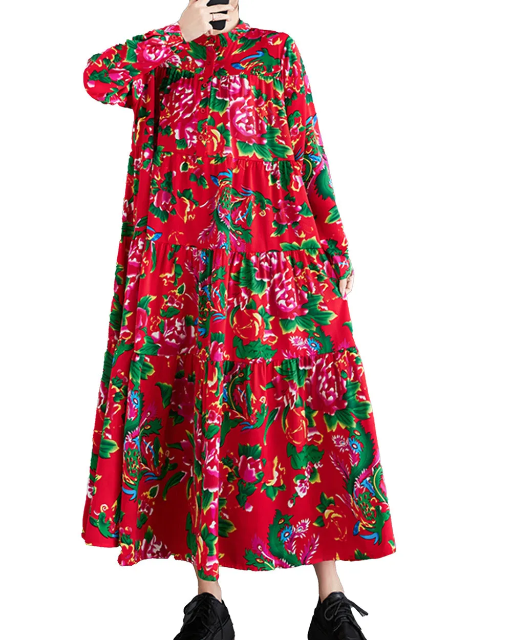 ellazhu Women's Long Sleeves Maxi Length Patchwork Floral Print Flowy Hem Dress GZ159