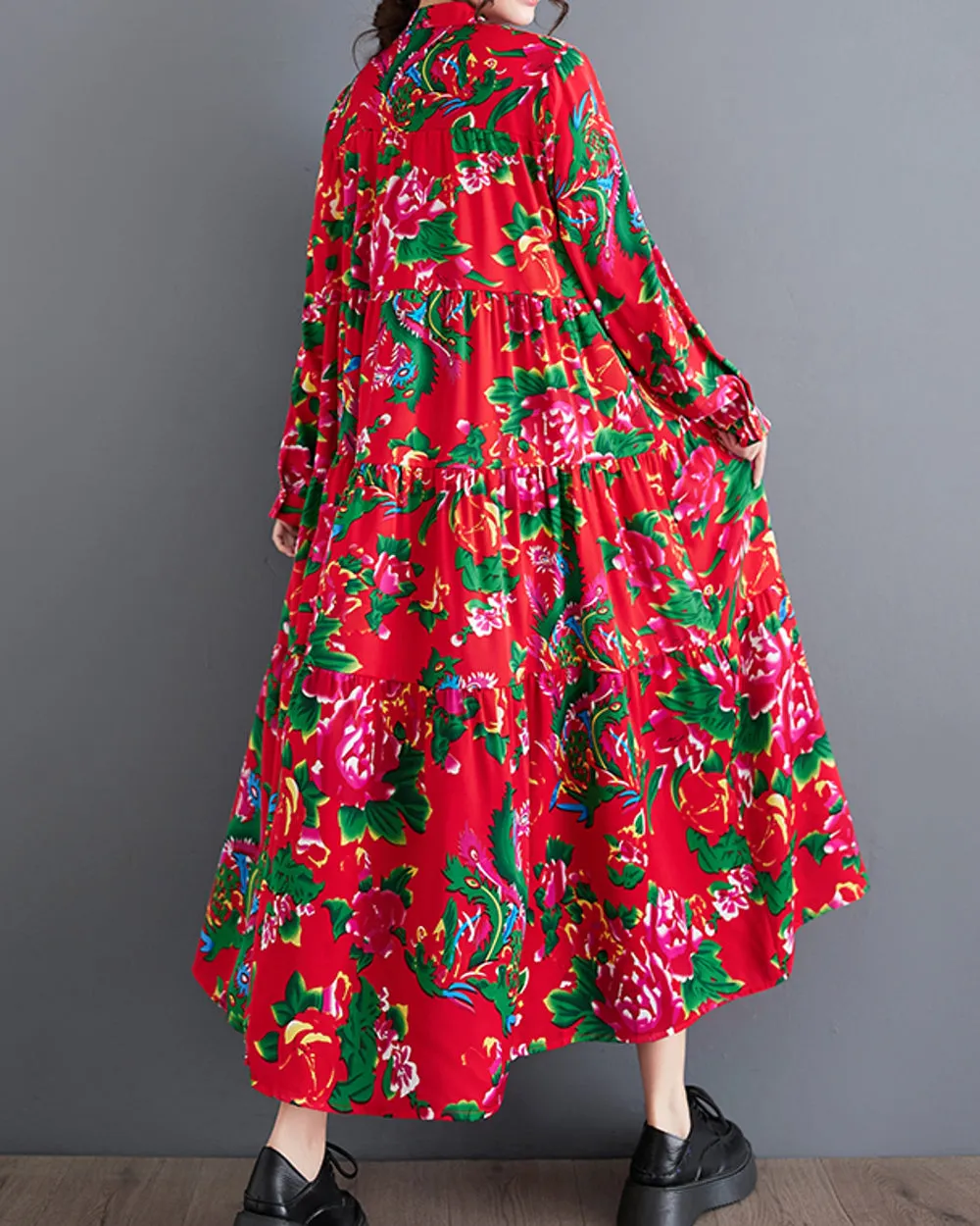 ellazhu Women's Long Sleeves Maxi Length Patchwork Floral Print Flowy Hem Dress GZ159