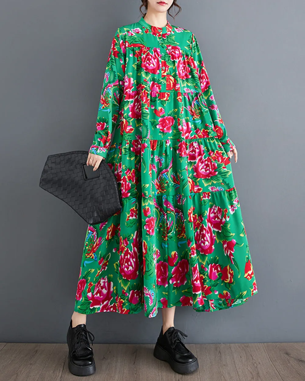 ellazhu Women's Long Sleeves Maxi Length Patchwork Floral Print Flowy Hem Dress GZ159