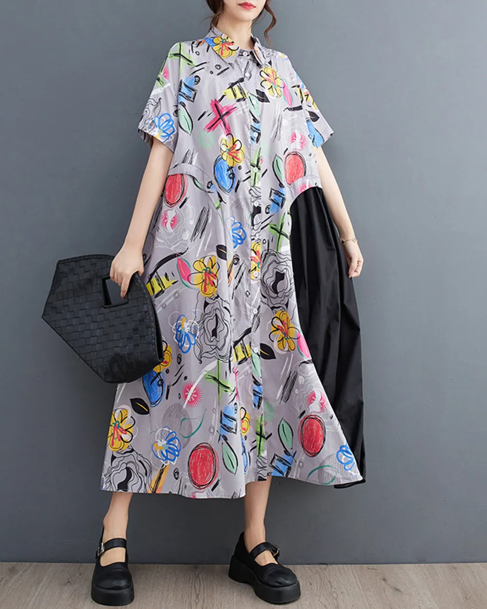 ellazhu Women's Short Sleeves Button Down Pattern Floral Print Patchwork Shirt Dress GZ162
