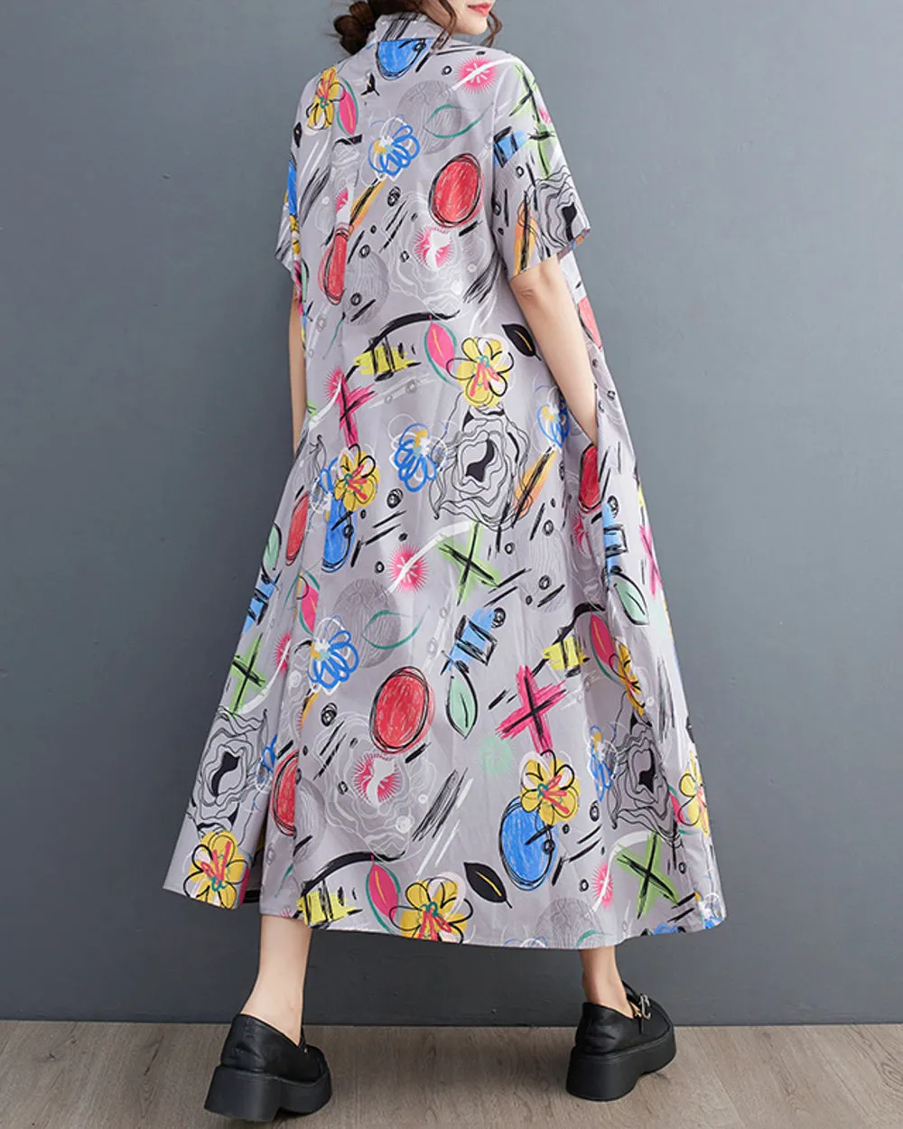 ellazhu Women's Short Sleeves Button Down Pattern Floral Print Patchwork Shirt Dress GZ162