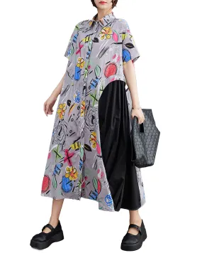 ellazhu Women's Short Sleeves Button Down Pattern Floral Print Patchwork Shirt Dress GZ162
