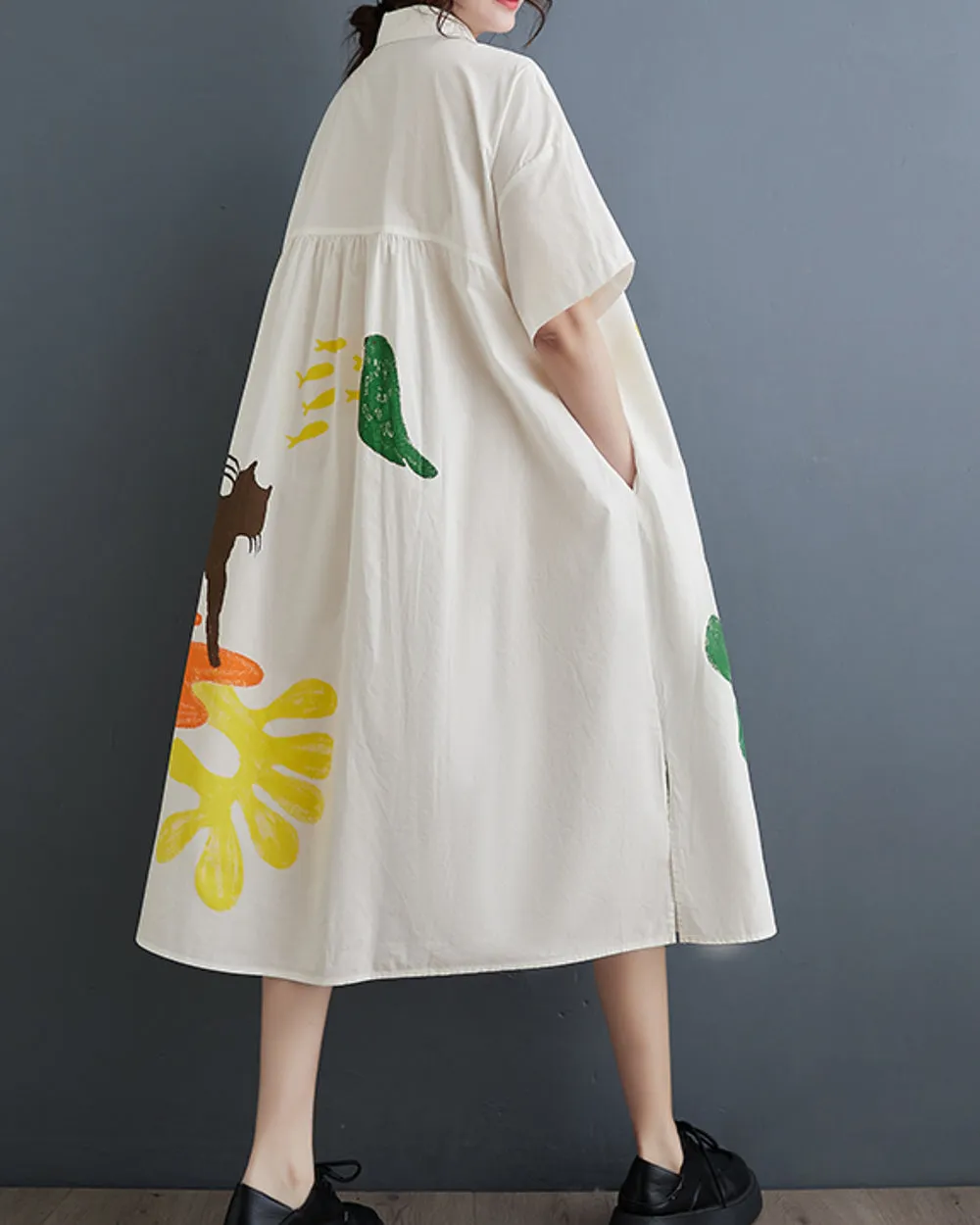 ellazhu Women's Short Sleeves Button Down Pattern Print Shirt Dress GZ156