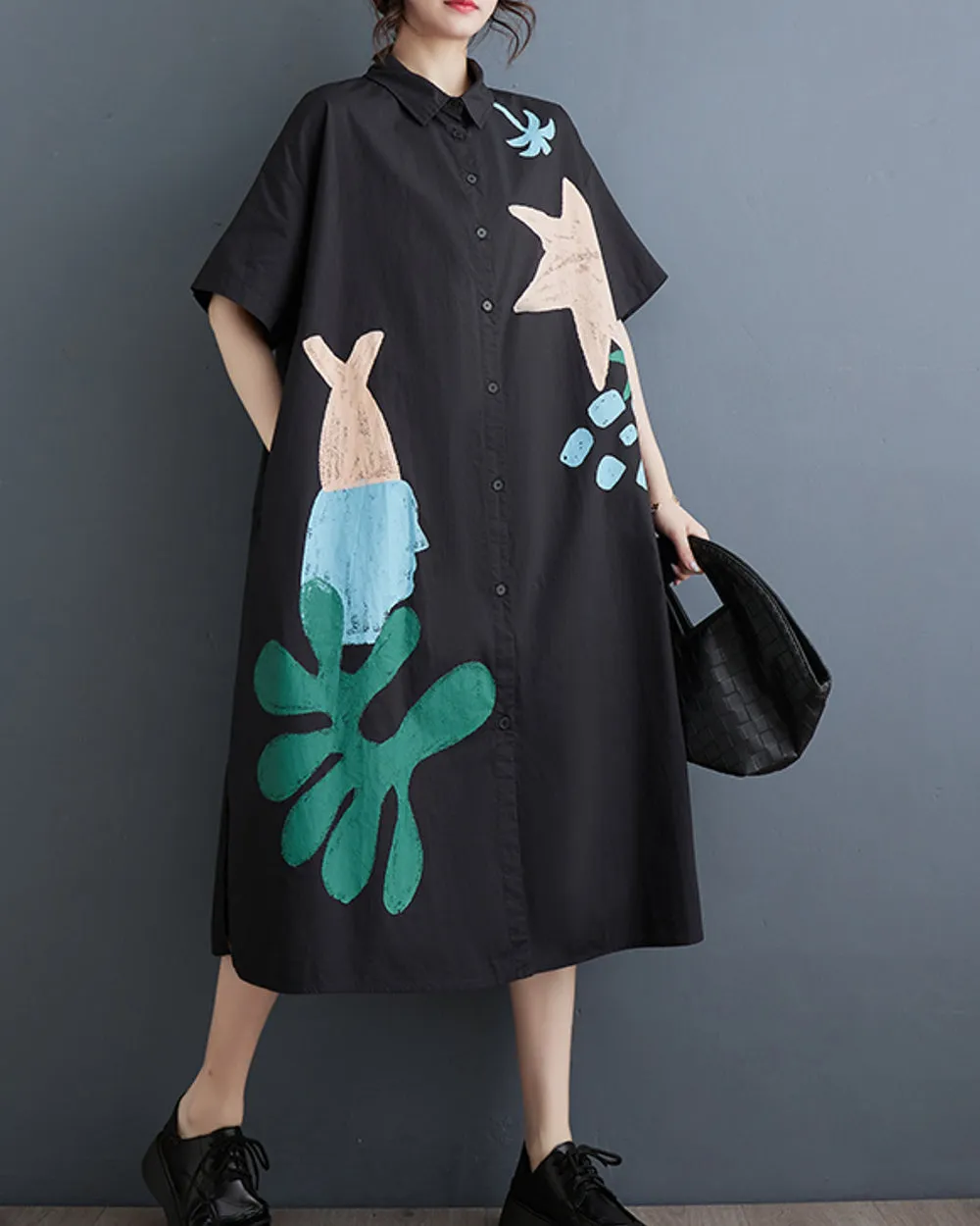 ellazhu Women's Short Sleeves Button Down Pattern Print Shirt Dress GZ156