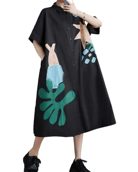 ellazhu Women's Short Sleeves Button Down Pattern Print Shirt Dress GZ156