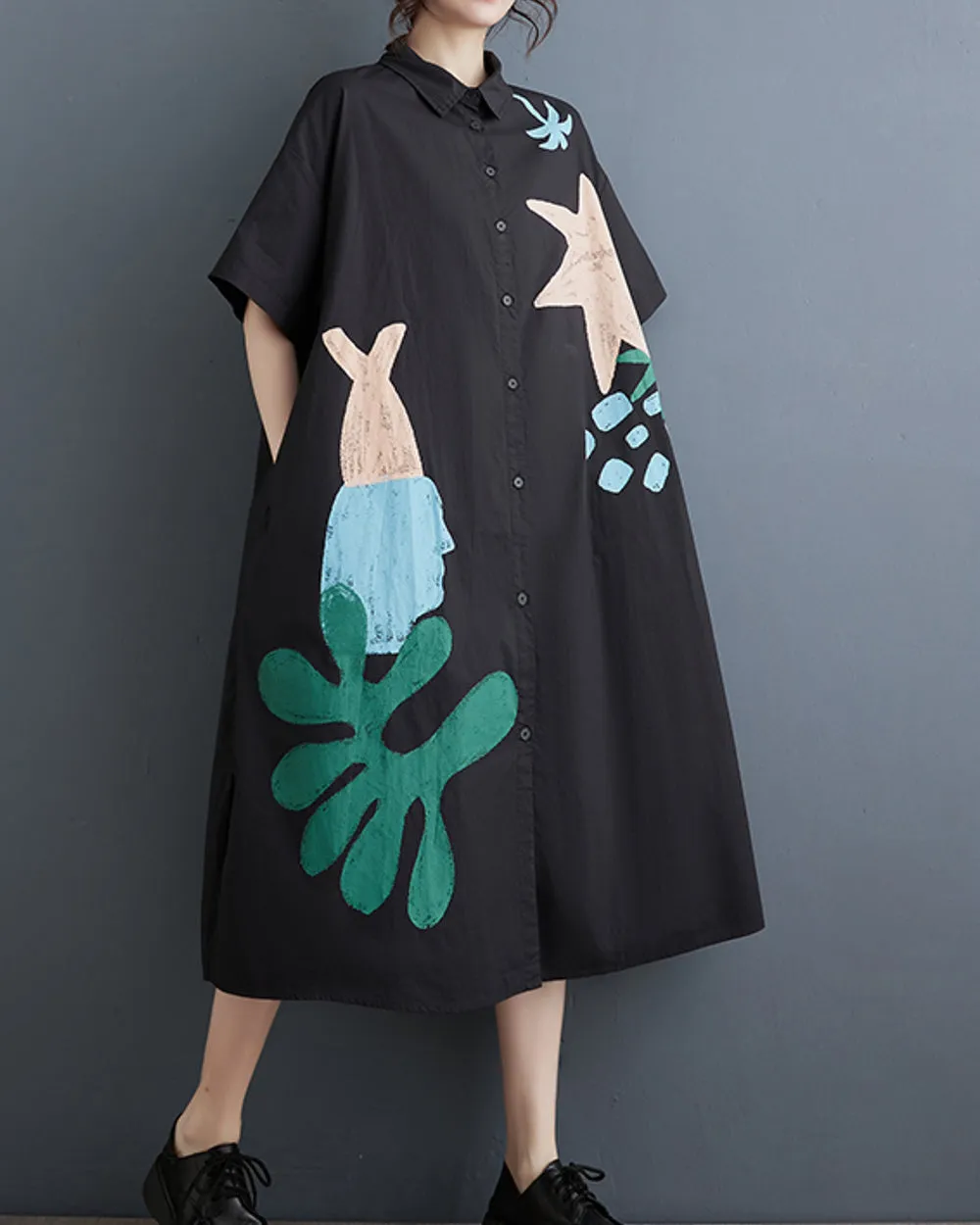 ellazhu Women's Short Sleeves Button Down Pattern Print Shirt Dress GZ156