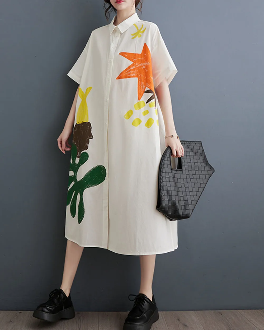ellazhu Women's Short Sleeves Button Down Pattern Print Shirt Dress GZ156