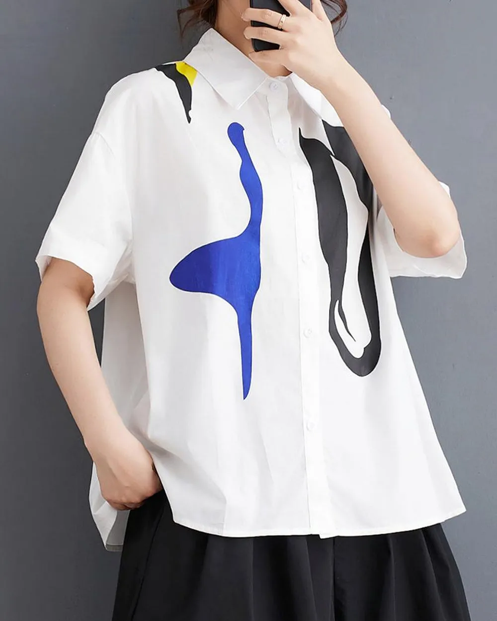 ellazhu Women's Short Sleeves Floral Print Button Down Shirt T-Shirt GZ190