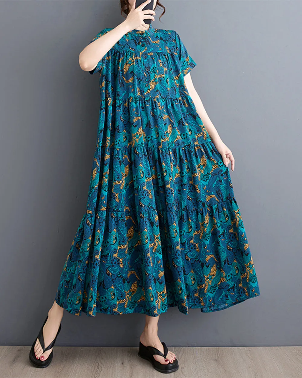 ellazhu Women's Short Sleeves Floral Print Maxi Length Casual Flowy Hem Dress GZ197