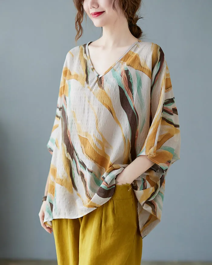 ellazhu Women's Short Sleeves V-Neck Stripe Patchwork Floral Print T-Shirt Dress GA2736