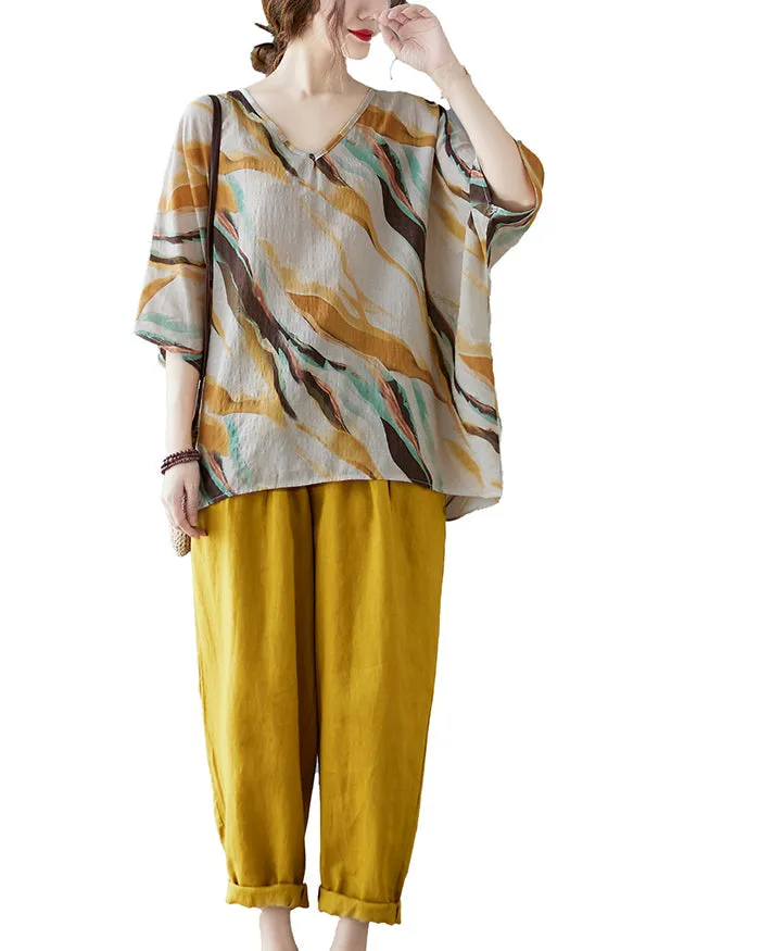 ellazhu Women's Short Sleeves V-Neck Stripe Patchwork Floral Print T-Shirt Dress GA2736