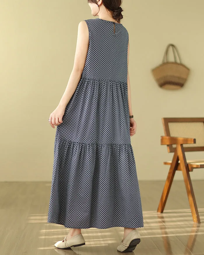 ellazhu Women's Sleeveless Maxi Length Boho Floral Print Color Block Dress GA2731