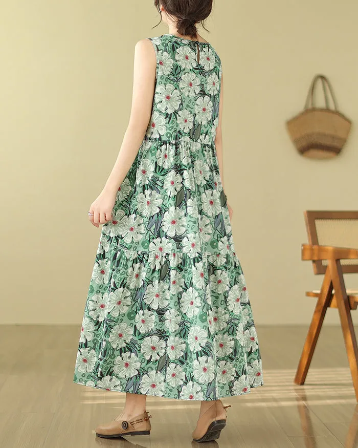 ellazhu Women's Sleeveless Maxi Length Boho Floral Print Color Block Dress GA2731