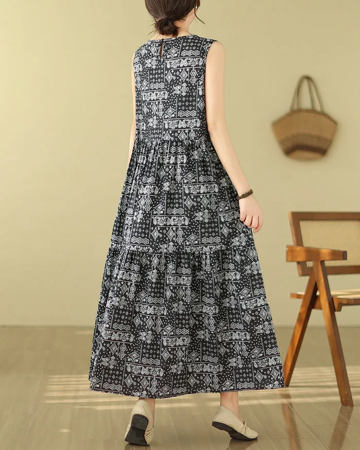 ellazhu Women's Sleeveless Maxi Length Boho Floral Print Color Block Dress GA2731